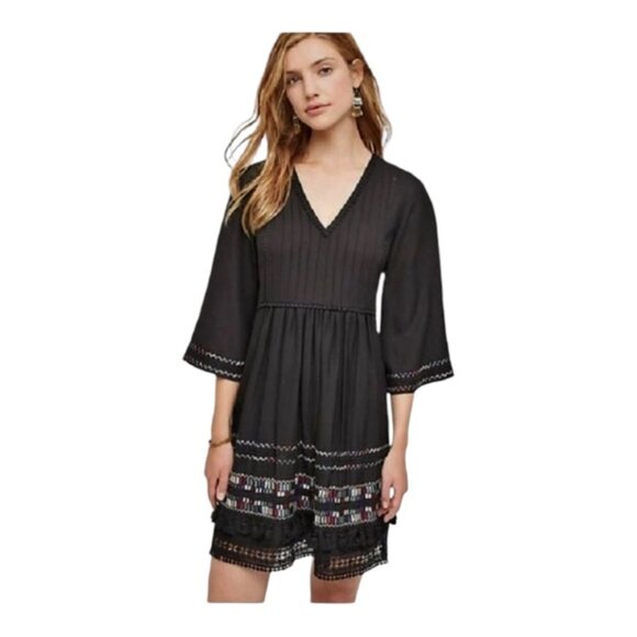 Ranna Gill Dresses & Skirts - Ranna Gill Anthropologie Medium Black Embroidered Pom Pom V Neck Dress